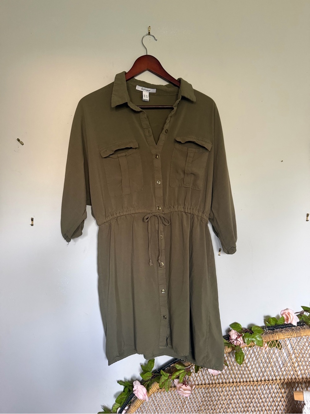 Revamped Olive Green Button-Front Drawstring Shirt Dress